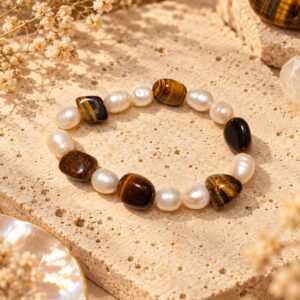Pulsera de Ojo de Tigre y Perlas Naturales – Protección, Armonía y Prosperidad