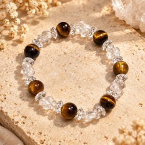 Pulsera Cuarzo y ojo de tigre 8mm Protección, Equilibrio y Fuerza Interior