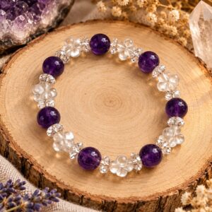 Pulsera de Amatista con Tréboles de Cuarzo – Protección Energética, Armonía y Buena Suerte