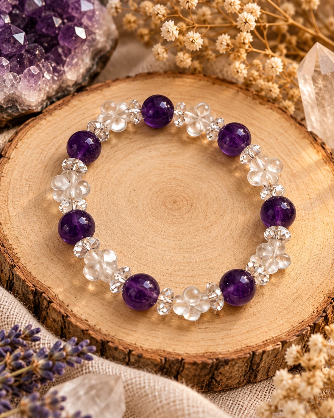 Pulsera de Amatista con Tréboles de Cuarzo – Protección Energética, Armonía y Buena Suerte