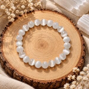 Pulsera de Selenita 8mm – Limpieza Energética, Protección Espiritual y Paz Interior
