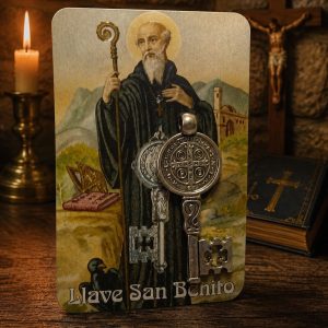 Estampa San Benito con Oración y llave para colgar