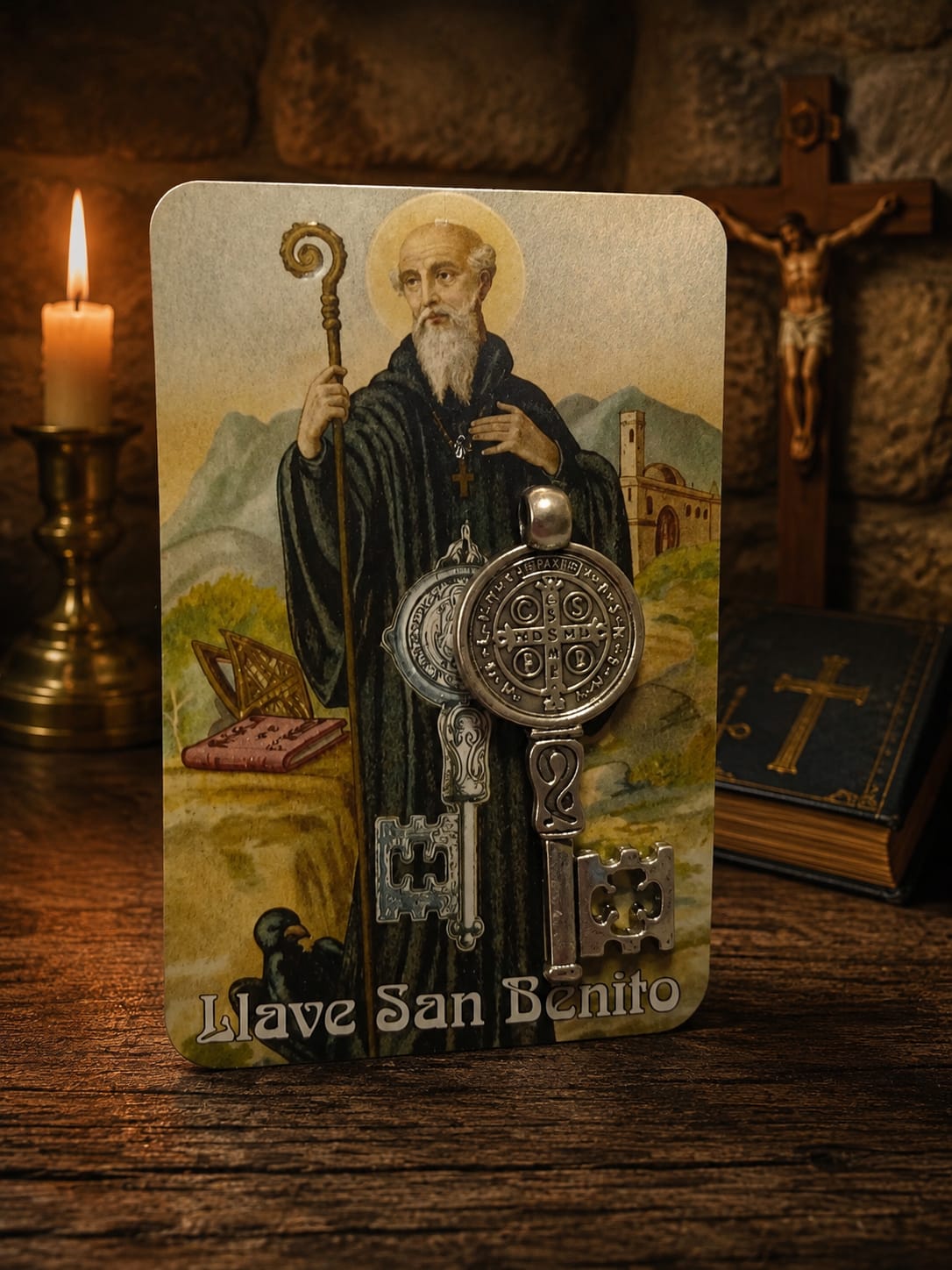 Estampa San Benito con Oración y llave para colgar