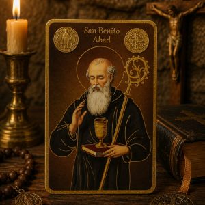 Estampa con medalla grabada y oración San Benito