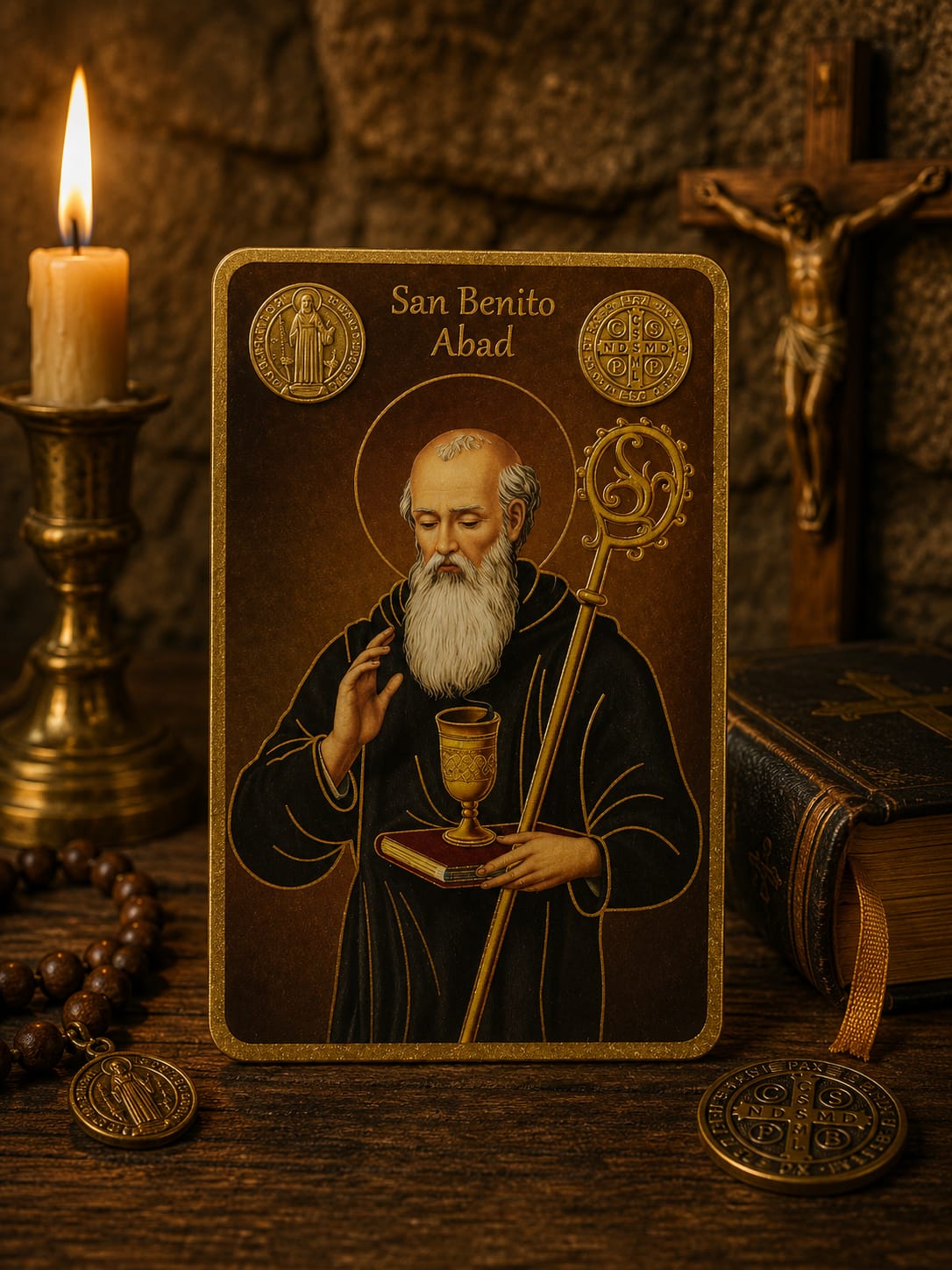 Estampa con medalla grabada y oración San Benito