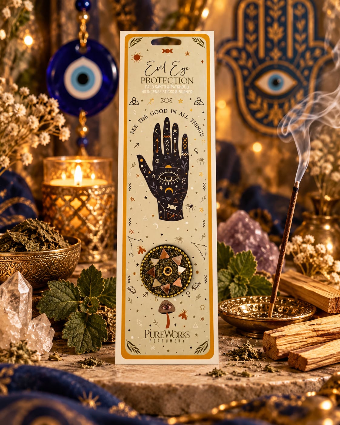 Incienso Protección contra el Mal de Ojo – Palo Santo y Pachulí + Regalo porta incienso