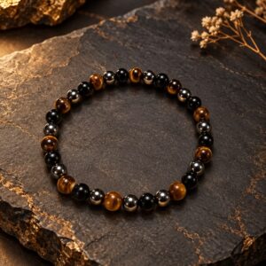 Pulsera de Hematite, Ojo de Tigre y Obsidiana 6mm  Protección · Equilibrio · Fuerza Interior