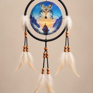 Atrapasueños Lobo Cósmico con Plumas – Decoración Mística y Boho