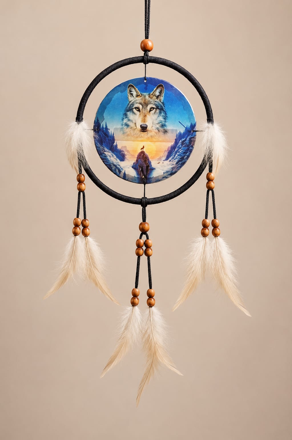 Atrapasueños Lobo Cósmico con Plumas – Decoración Mística y Boho