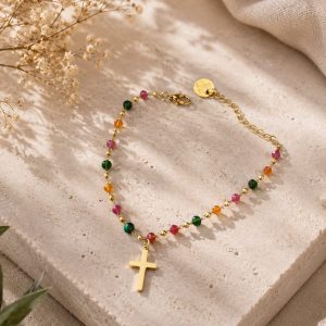 pulsera cruz cristal colores