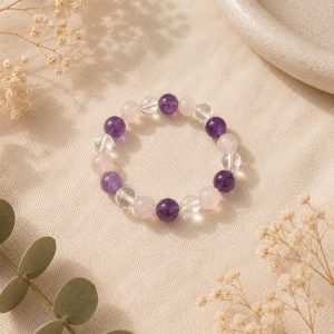 Anillo elástico cuarzo, cuarzo rosa, amatista