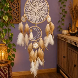 Atrapasueños Grande Beige y Blanco con Plumas – Decoración Boho de Pared
