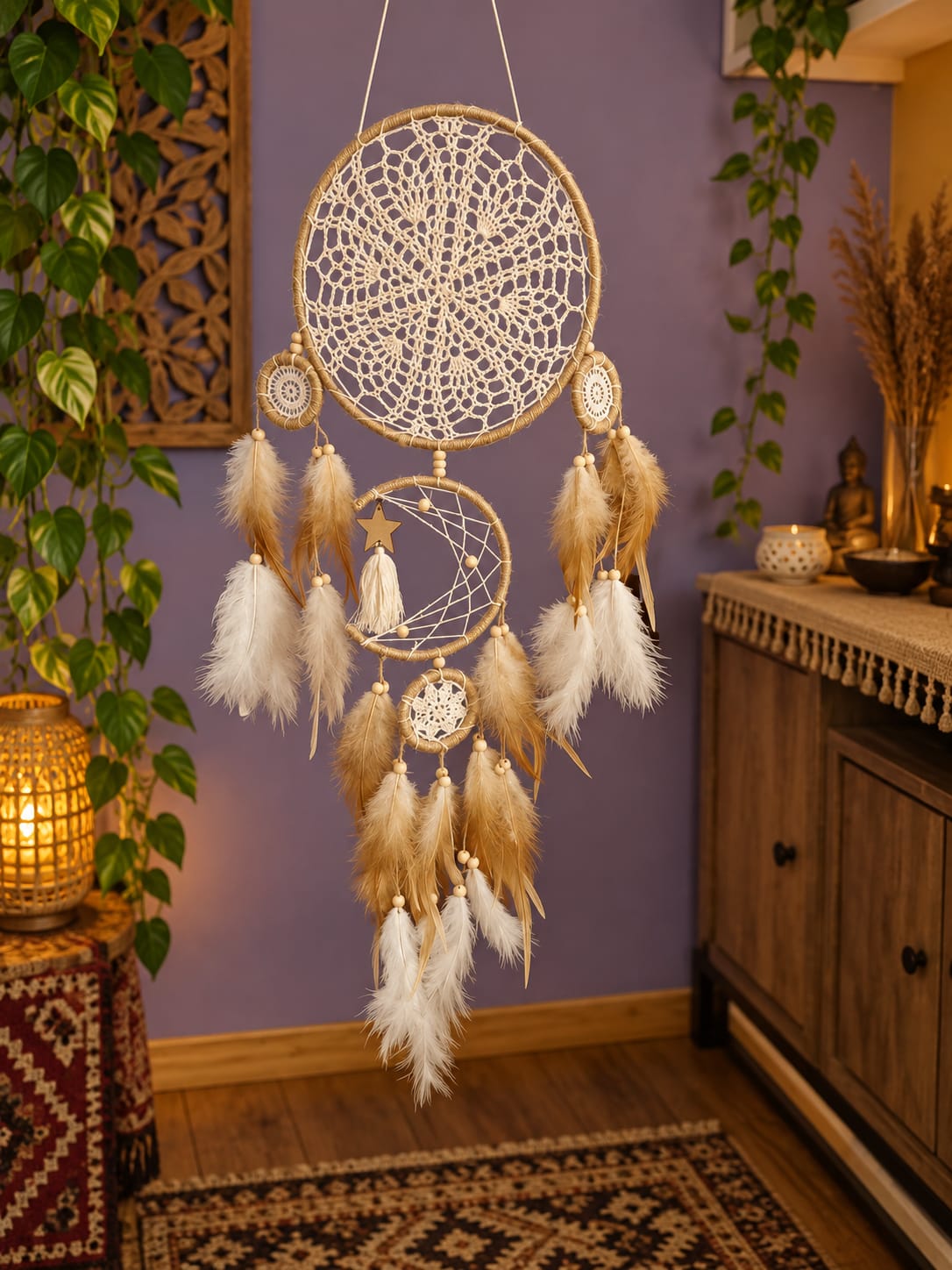 Atrapasueños Grande Beige y Blanco con Plumas – Decoración Boho de Pared