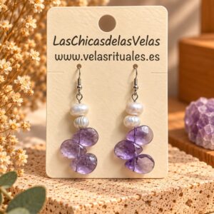 Pendientes perla gris y cristal morado - Plata