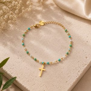 pulsera cruz cristal verde