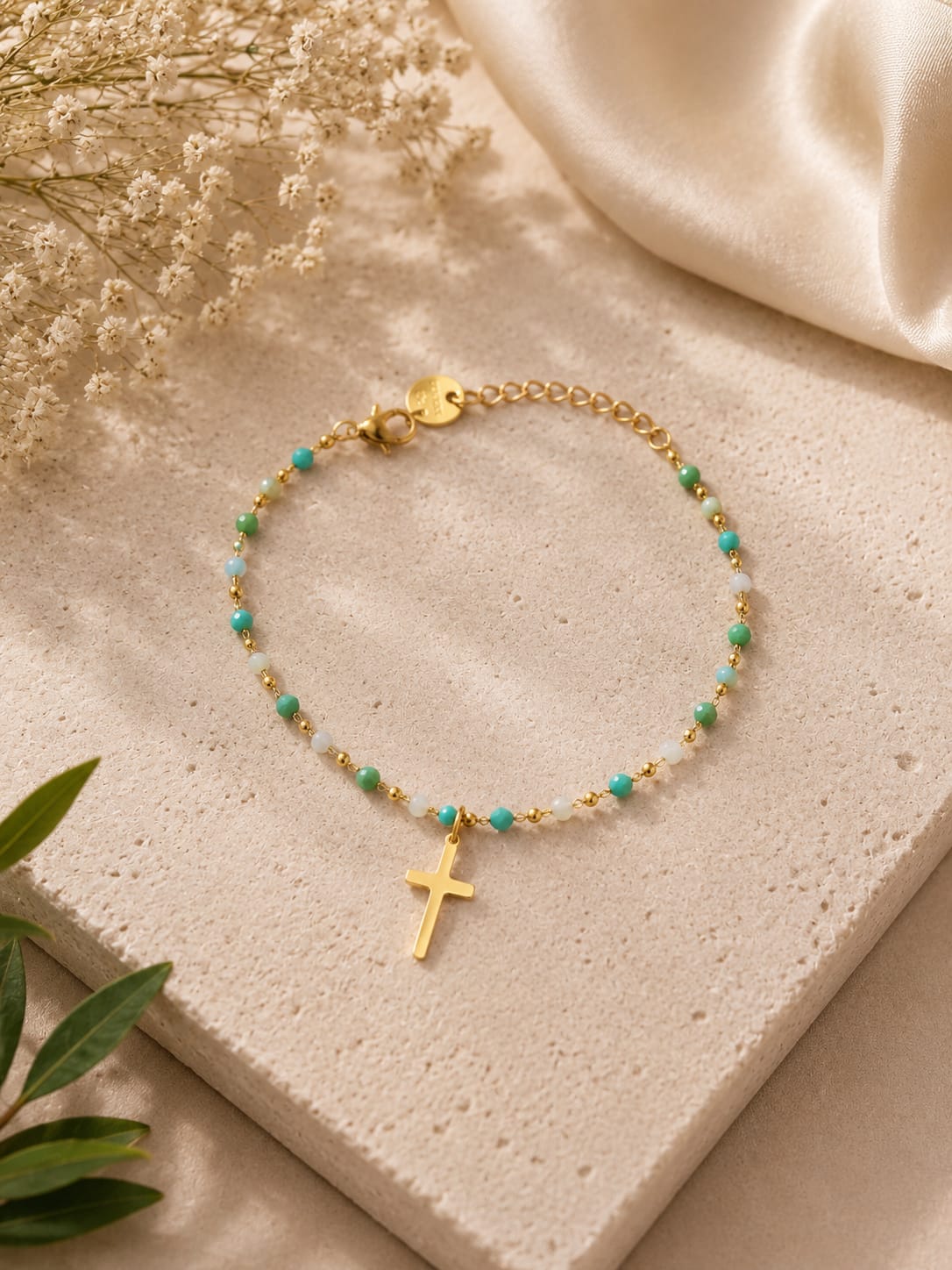 pulsera cruz cristal verde