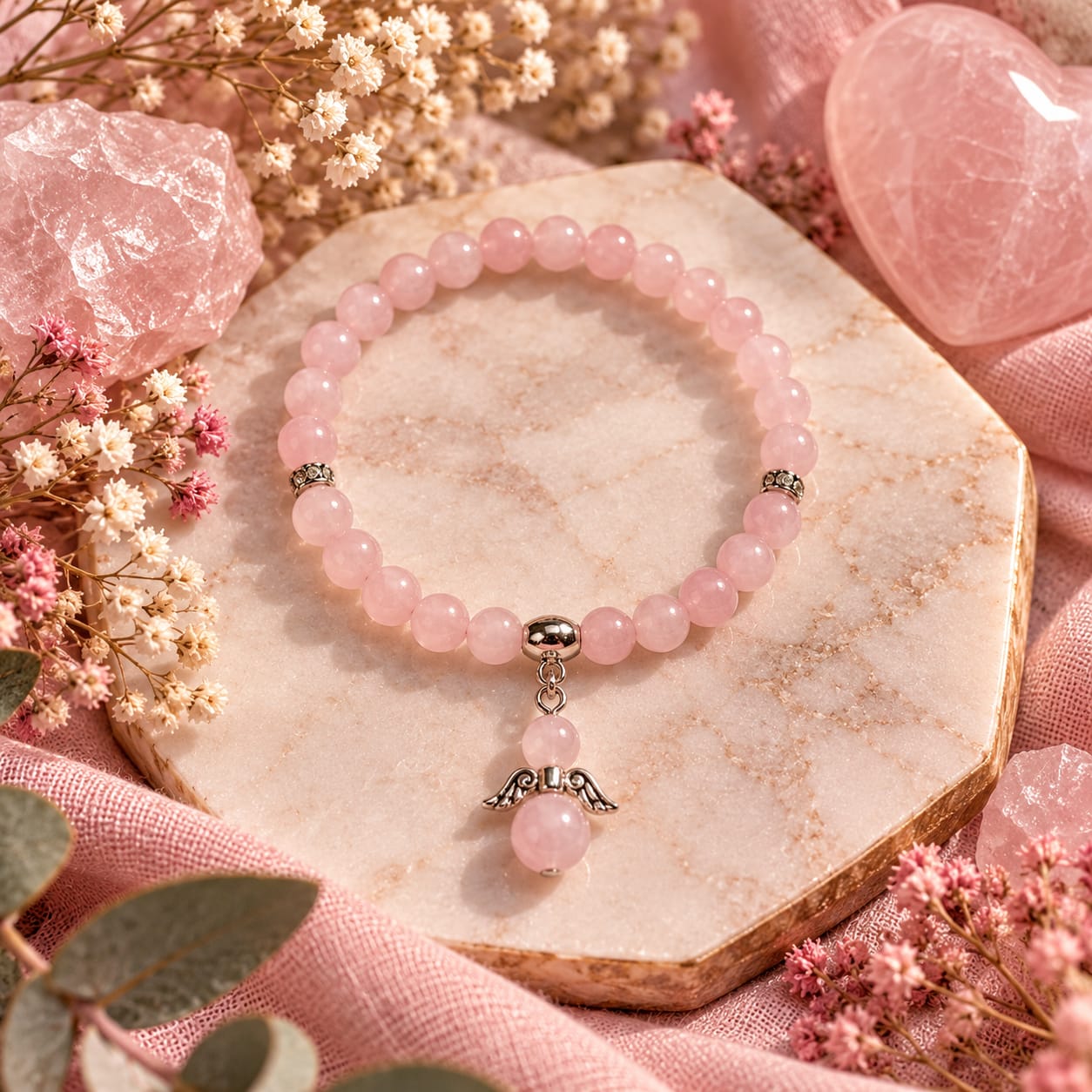 Pulsera de Cuarzo Rosa con Ángel 6mm – Amor, Armonía y Sanación Emocional