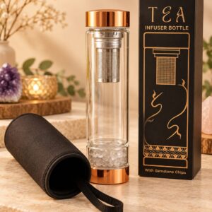 Botella de Cristal con Cuarzo Blanco Agua y Té – Armonía, Pureza y Bienestar