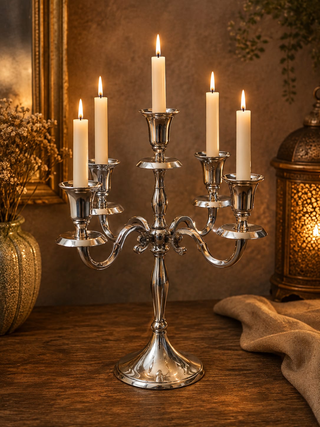 Candelabro Plateado, 5 velas