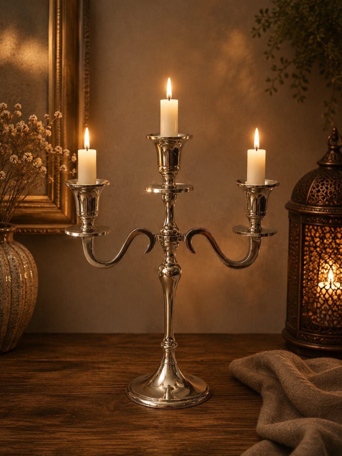 Candelabro Plateado, 3 velas