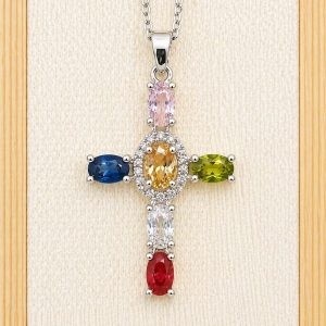 Collar Cruz piedras colores plateada