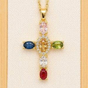 Collar Cruz piedras colores dorada