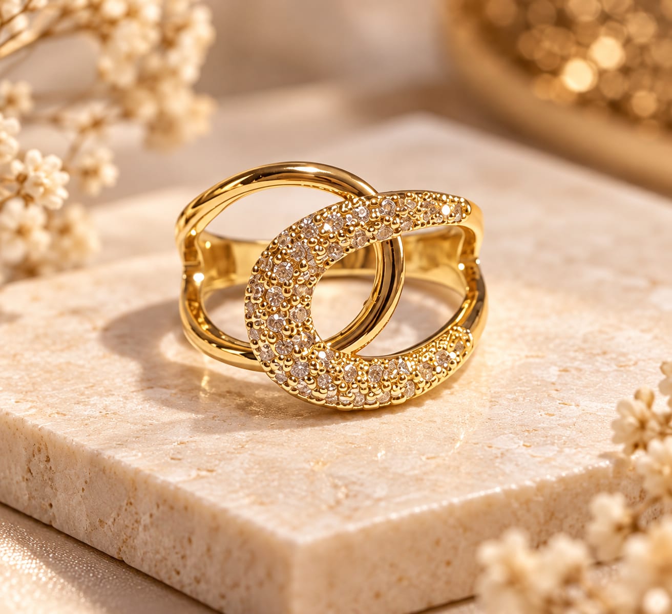 Anillo Dorado con Circonitas y Baño de Rodio N.18