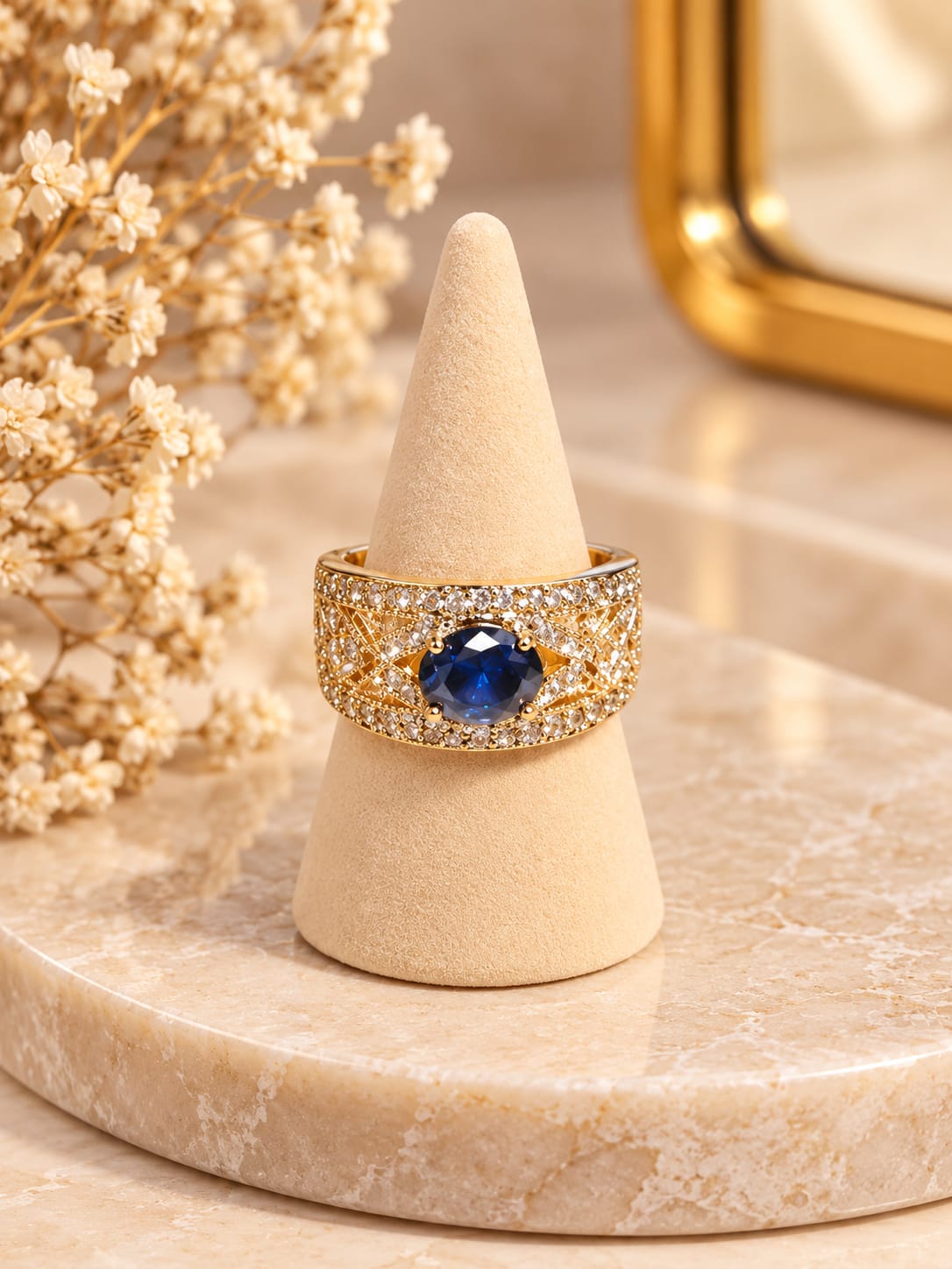 Anillo Dorado con Piedra Azul, circonitas y baño de rodio N.18