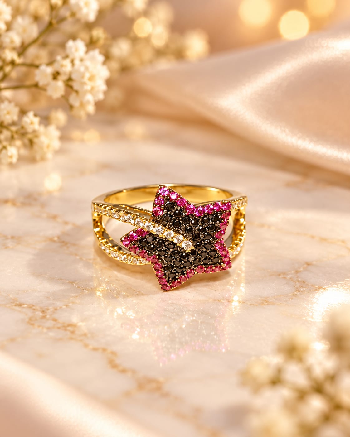 Anillo Estrella con Baño de Rodio y Circonitas N.15