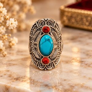 Anillo Étnico con Turquesa y Detalles Rojos  N.15