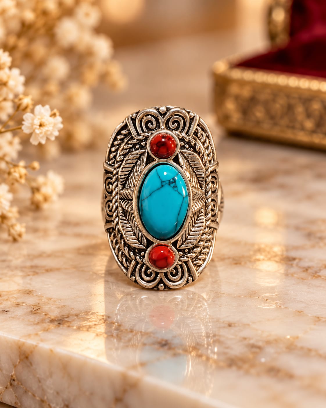 Anillo Étnico con Turquesa y Detalles Rojos N.15