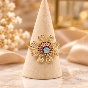 Anillo Flor Multicolor con Circonitas y baño de rodio N.15