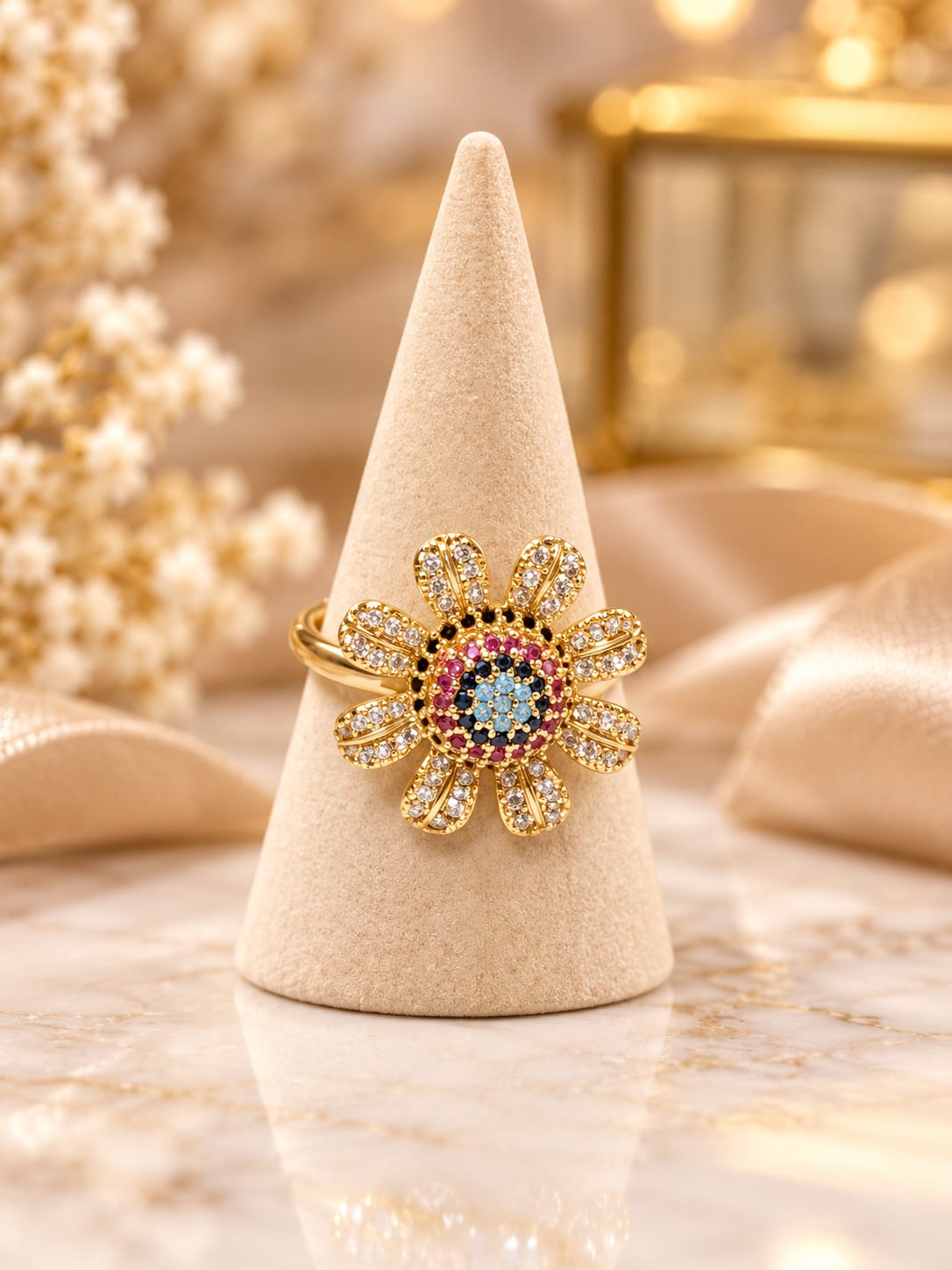 Anillo Flor Multicolor con Circonitas y baño de rodio N.15