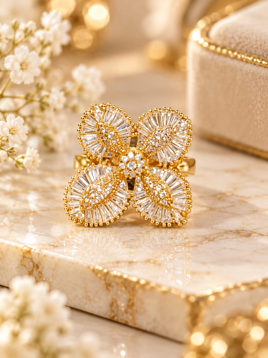 Anillo Flor ajustable con circonita y baño de rodio