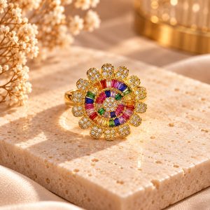 Anillo Floral Multicolor circonitas y baño de rodio N17