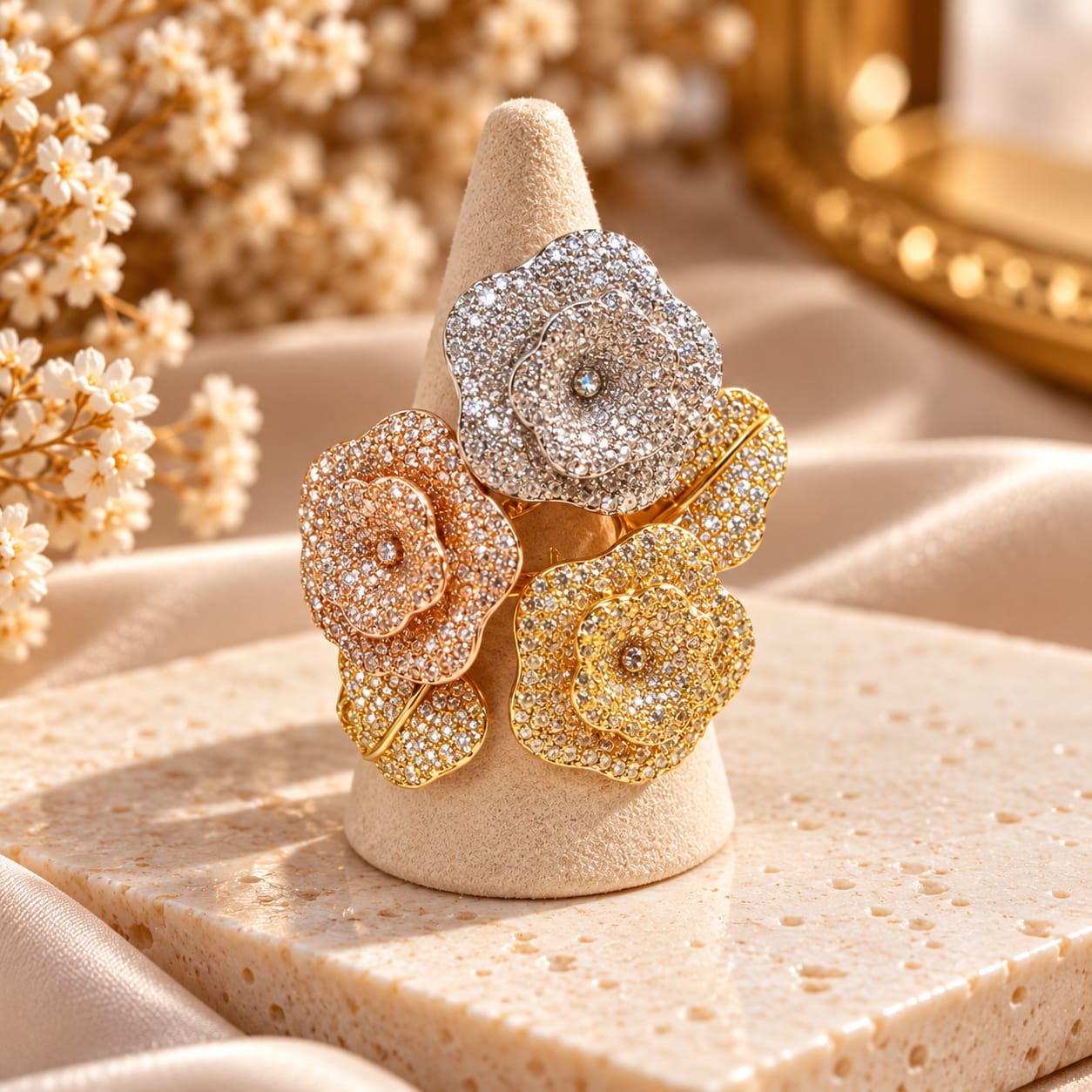 Anillo Floral con Baño de Rodio y Circonitas con baño de rodio N.14