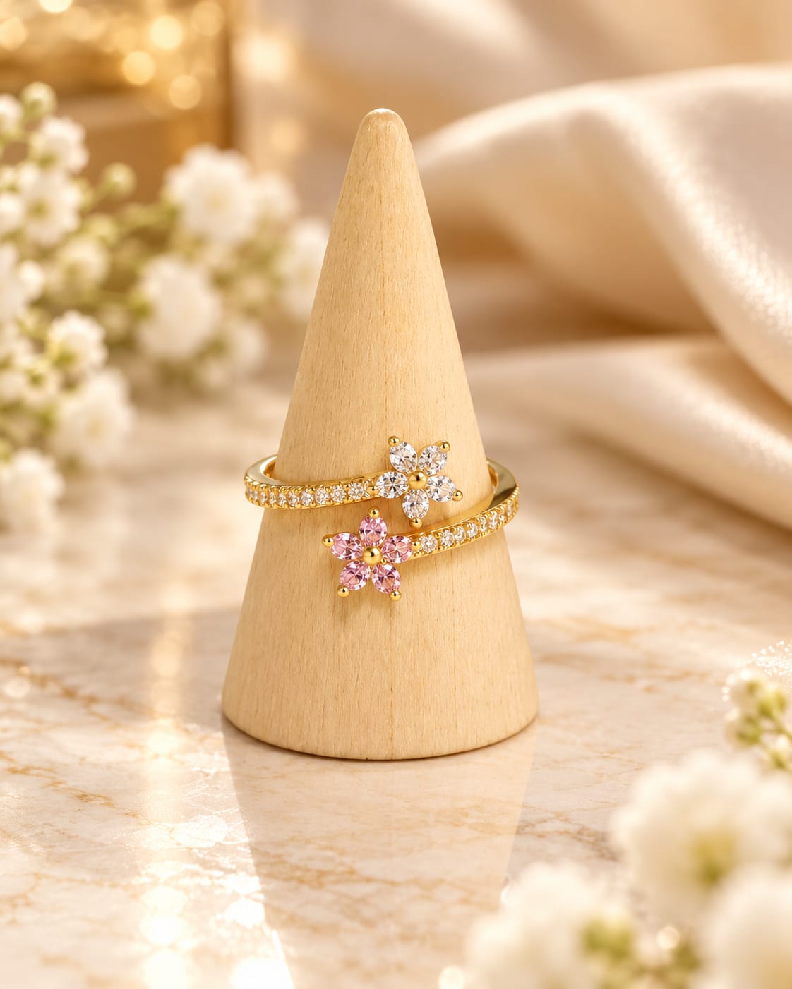 Anillo Floral con Circonitas Blancas y Rosas N15