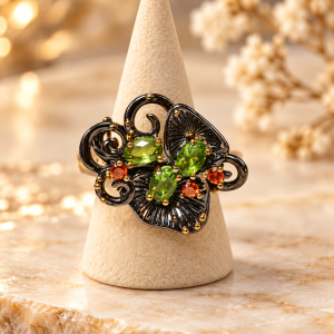 Anillo Floral con Circonitas Verdes y Naranjas  N.13