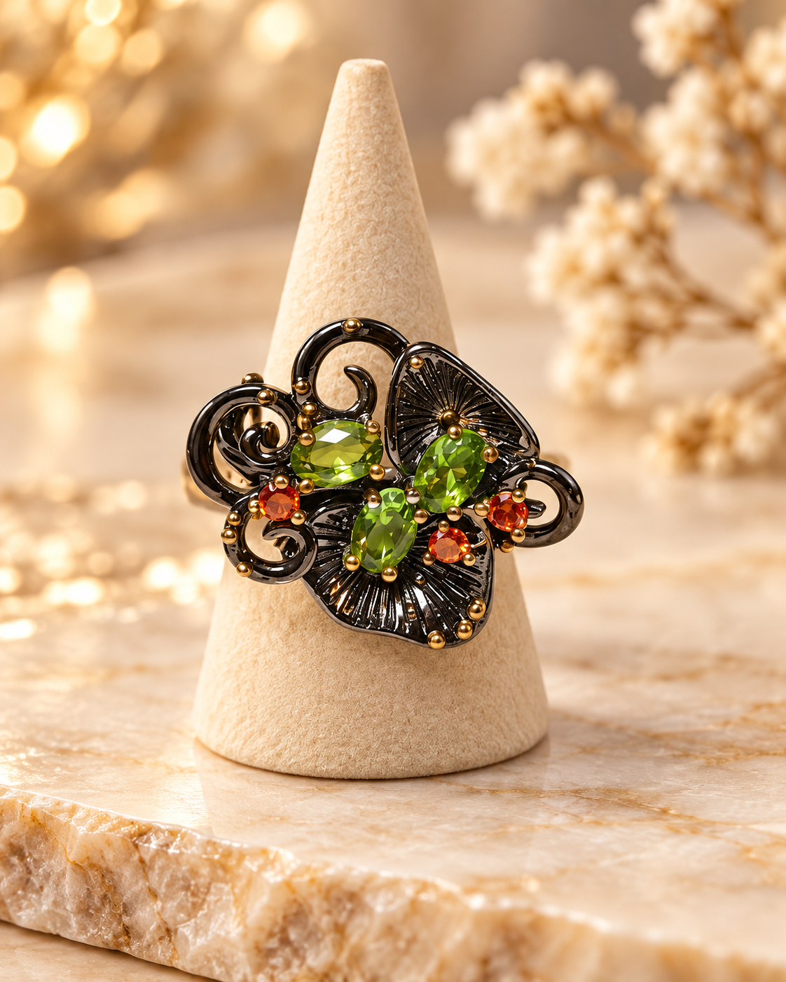 Anillo Floral con Circonitas Verdes y Naranjas N.13