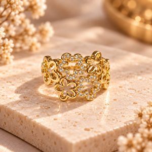 Anillo Floral con Circonitas y baño rodio N.18