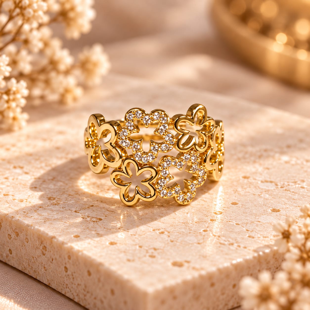 Anillo Floral con Circonitas y baño rodio N.18