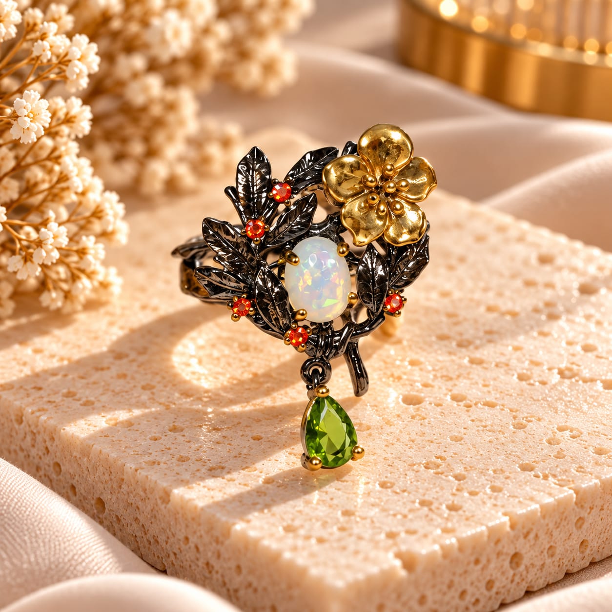Anillo Floral con Piedra Iridiscente N.17