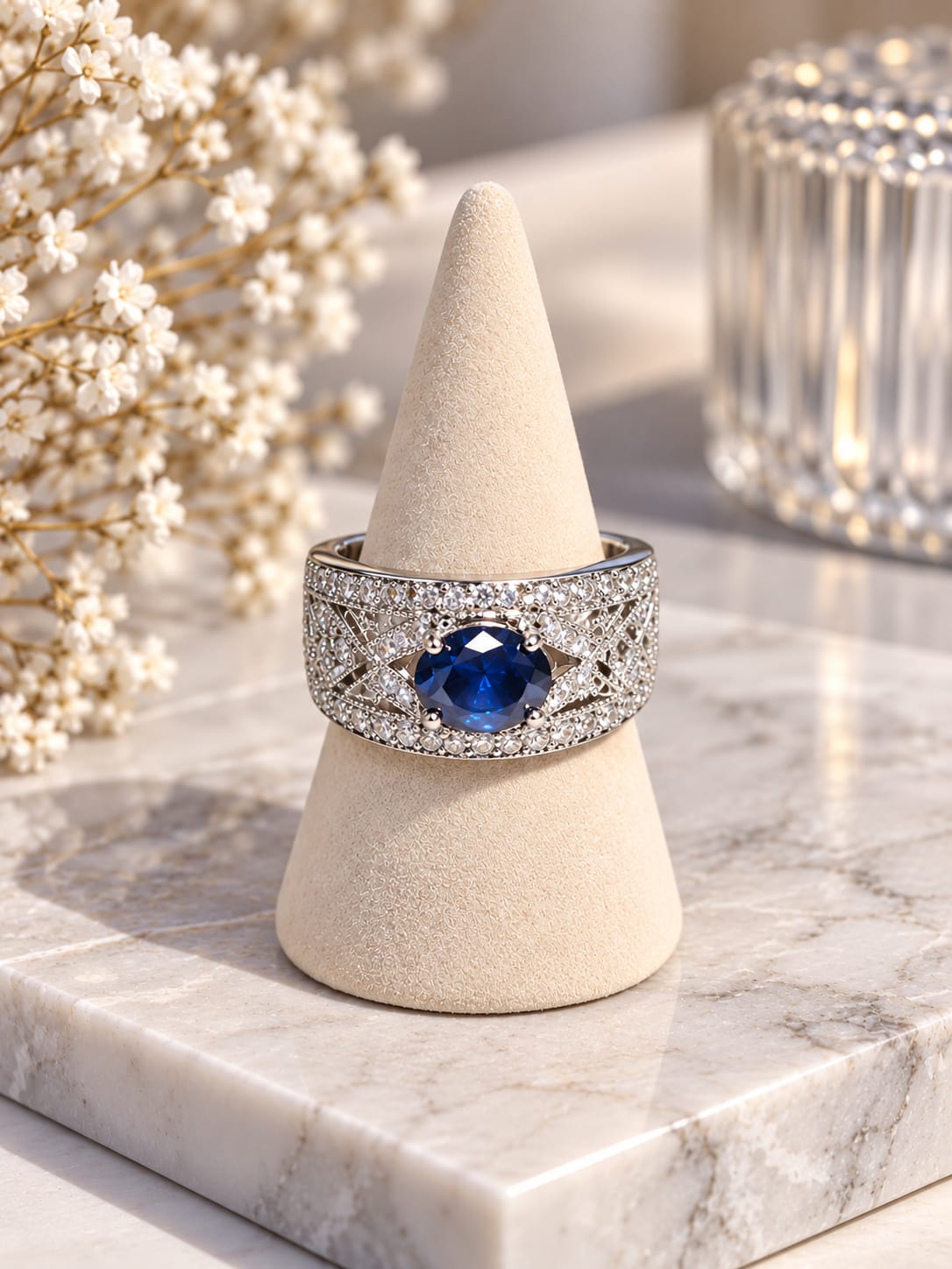 Anillo Plateado con Piedra Azul, circonitas y baño de rodio N.18