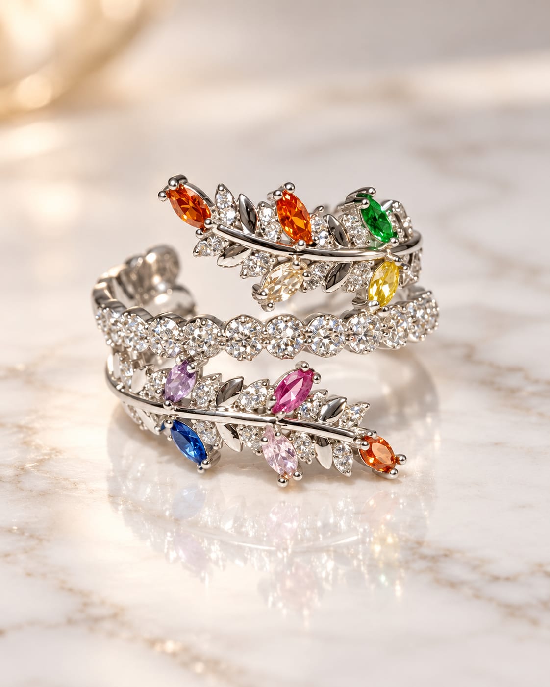 Anillo Rama Multicolor baño de rodio adaptable