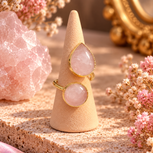 Anillo Cuarzo rosa acero y ajustable - amor, armonía y apertura del corazón