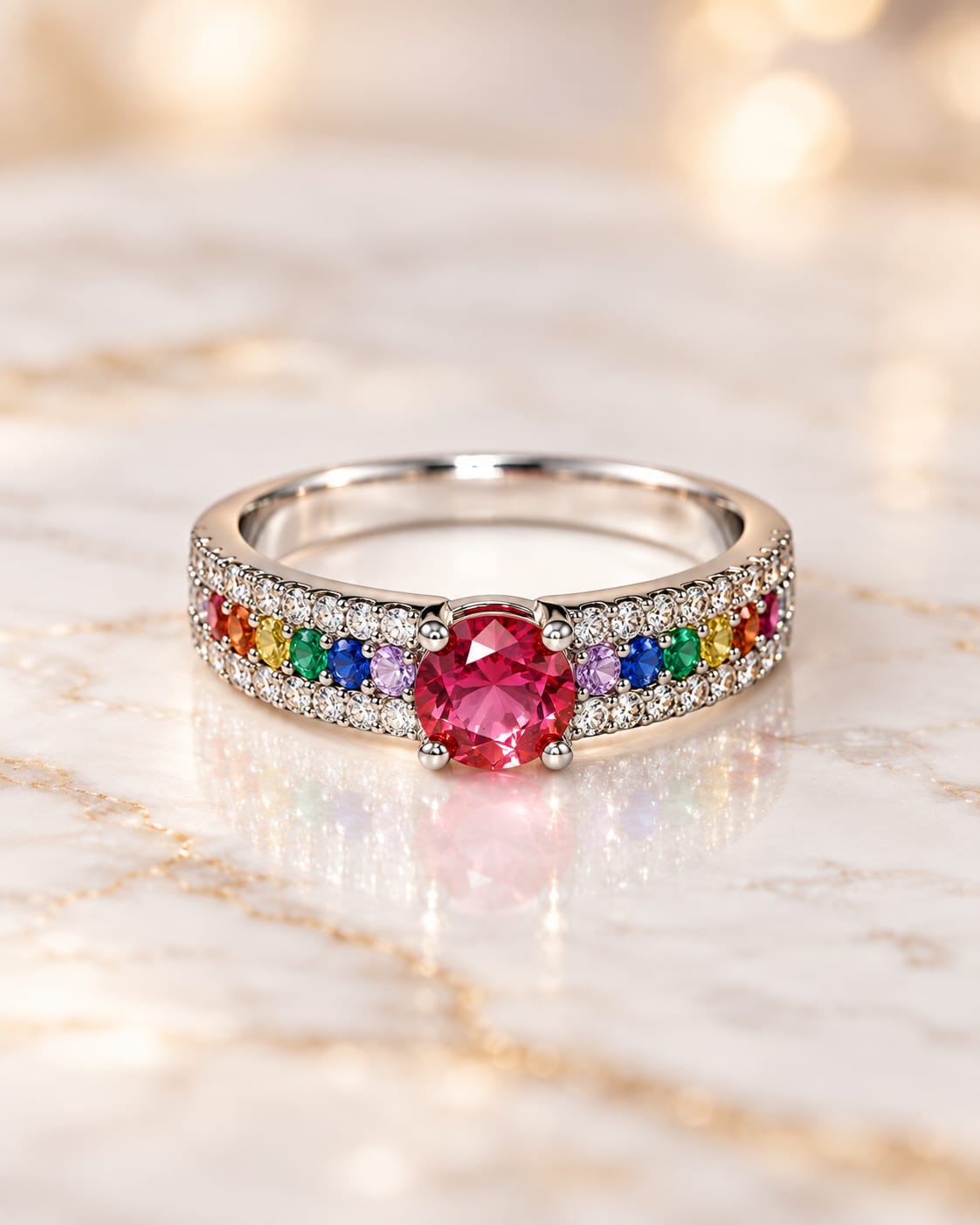 Anillo plateado con circonitas multicolor y piedra central fucsia N.15