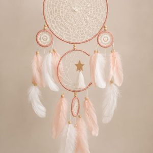Atrapasueños Rosa y Blanco con Luna, Estrella y Plumas – Decoración Boho Romántica