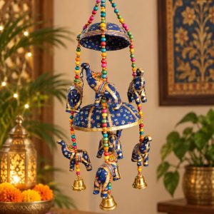 Móvil Colgante de Elefantes Azules con Campanas – Decoración India