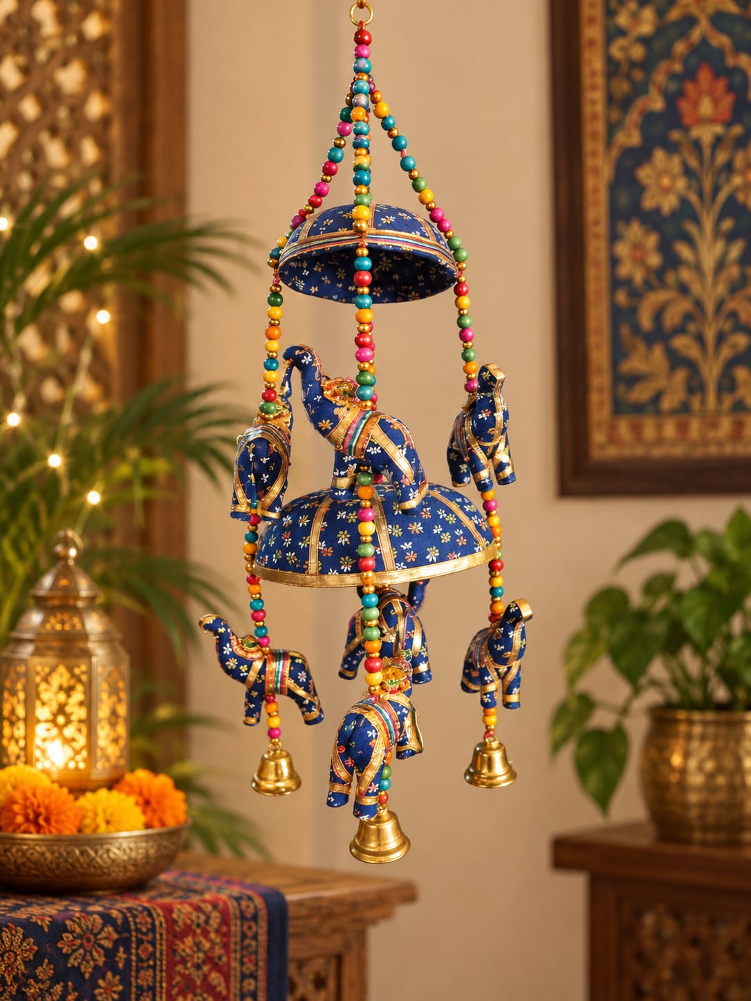 Móvil Colgante de Elefantes Azules con Campanas – Decoración India