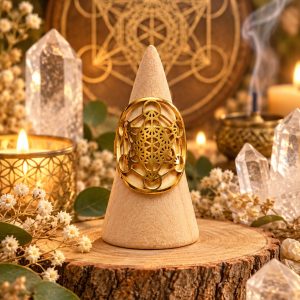 Anillo Cubo de Metatrón acero ajustable dorado